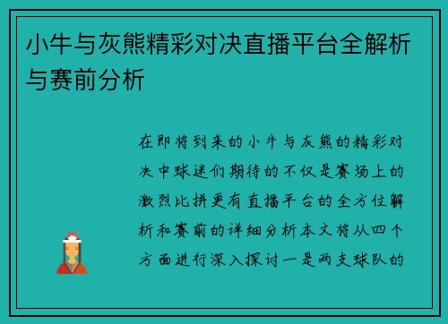 小牛与灰熊精彩对决直播平台全解析与赛前分析